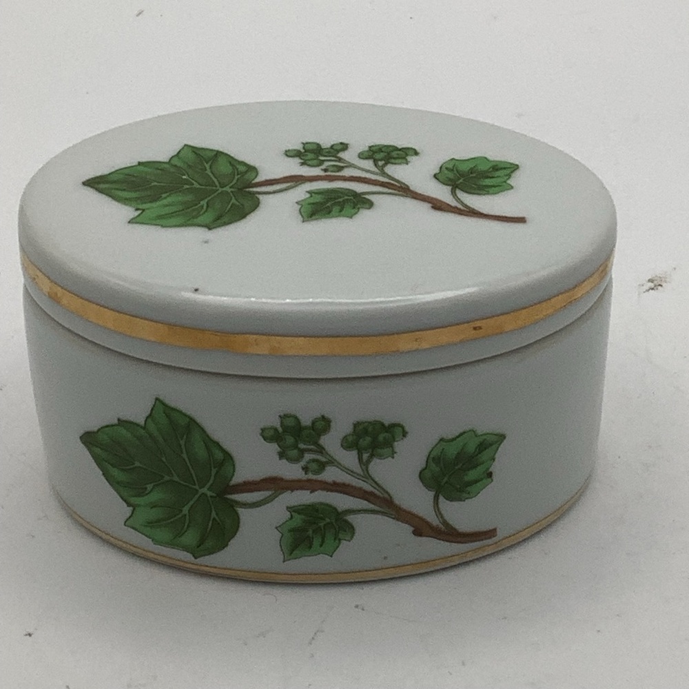 Portugese Ceramic Trinket Box with Green Ivy Design